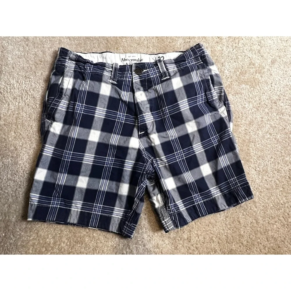 VTG Abercrombie‎ & Fitch Shorts Men 32 Blue White Plaid Y2K Baggy 90s Grunge